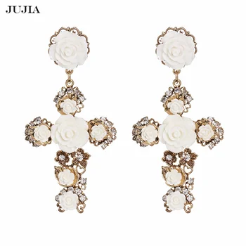 JUJIA Women Vintage Acrylic Flower Statement Cross Earrings Luxury Baroque Drop Dangle Earrings For Girl Gifts