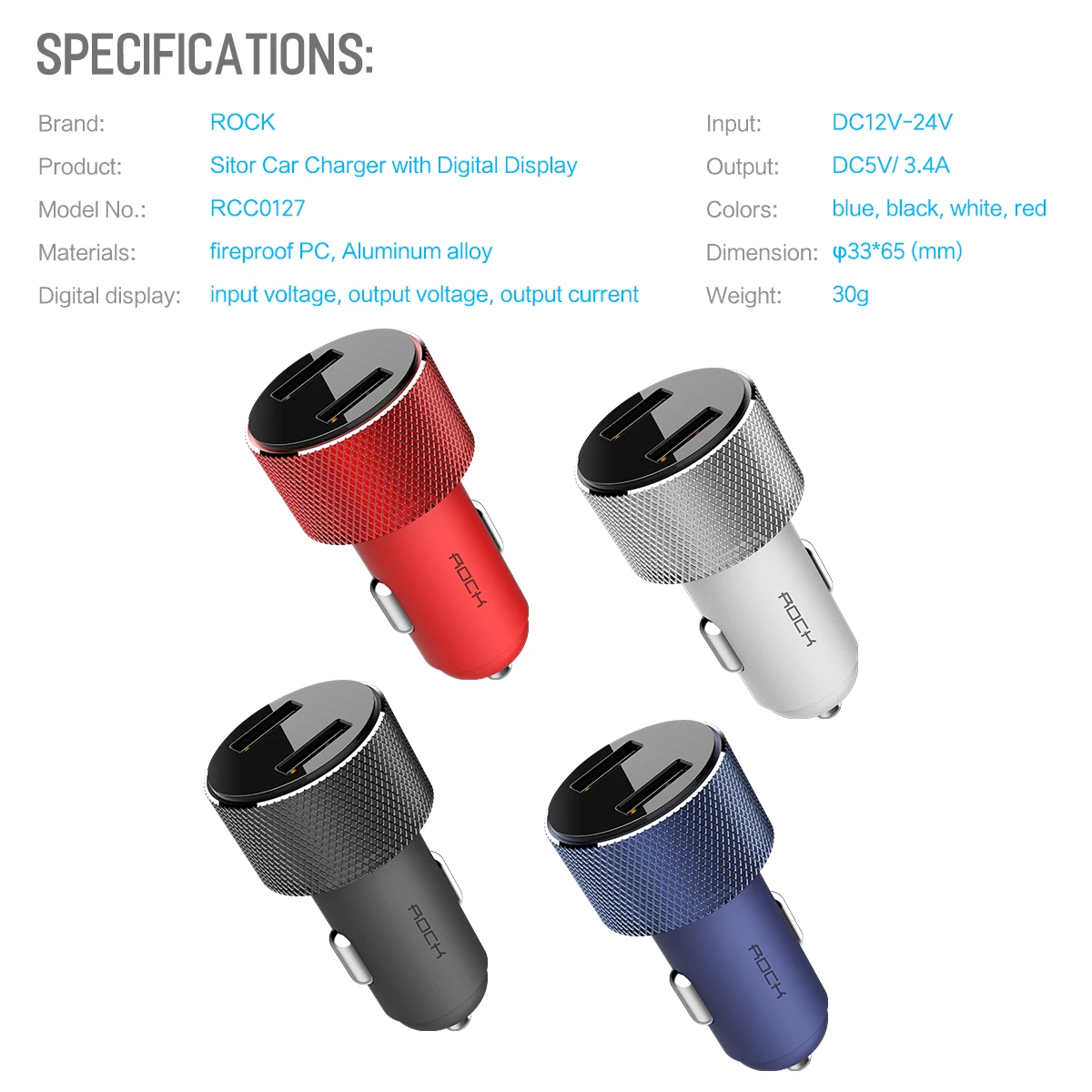 ROCK 5V 3.4A Metal Dual USB Mobile Phone Car Charger With Digital Display For Fast Charging 15