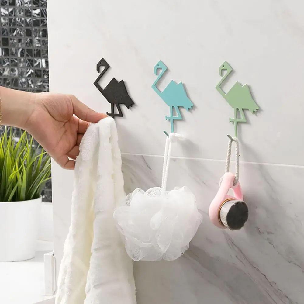 

3PCS Wrought Iron Flamingo Glue Hook Kitchen Wall Mount Sticky Hook Bathroom Wall Door Back No Trace Strong Hangers Home Decor