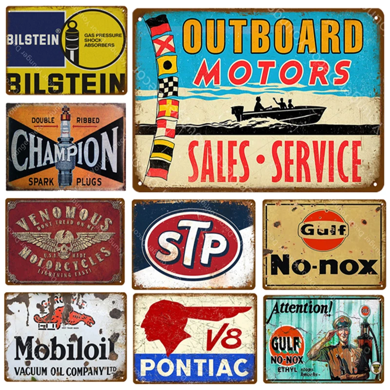 Outboard Motors Tin Poster Vintage Wall Decor STP Tiger GULF Metal Tin Signs Pub Bar Garage Decorative Iron Plates