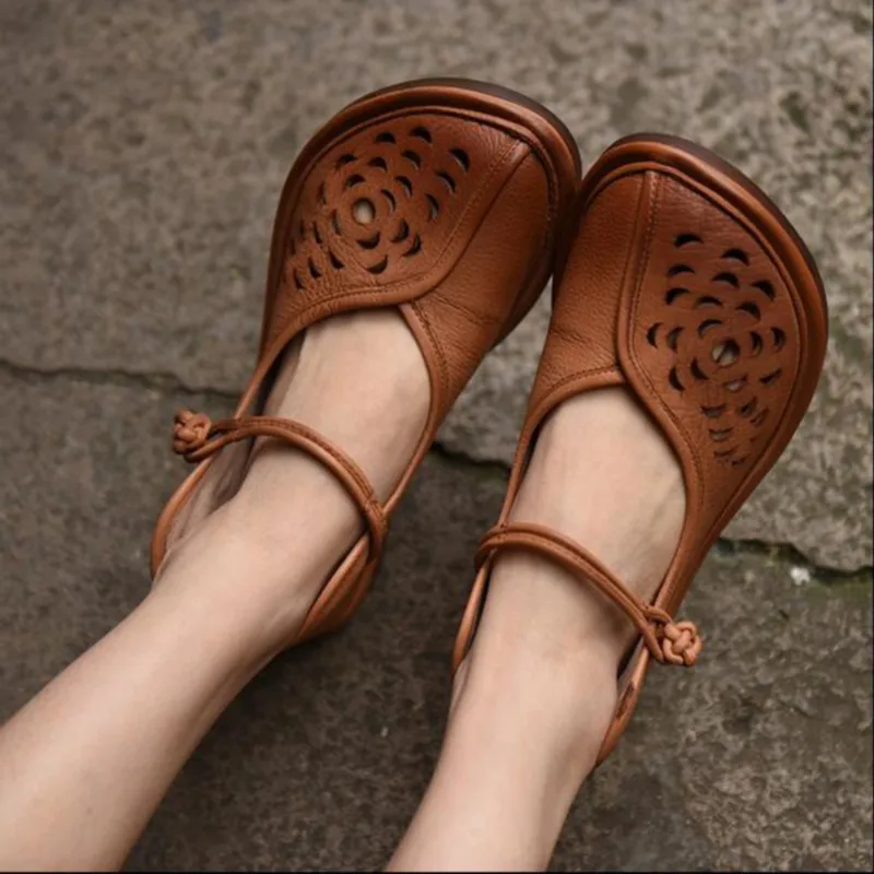 Genuine leather handmade women s shoes vintage cutout lyrate cute shoes flat heels soft and comfortable