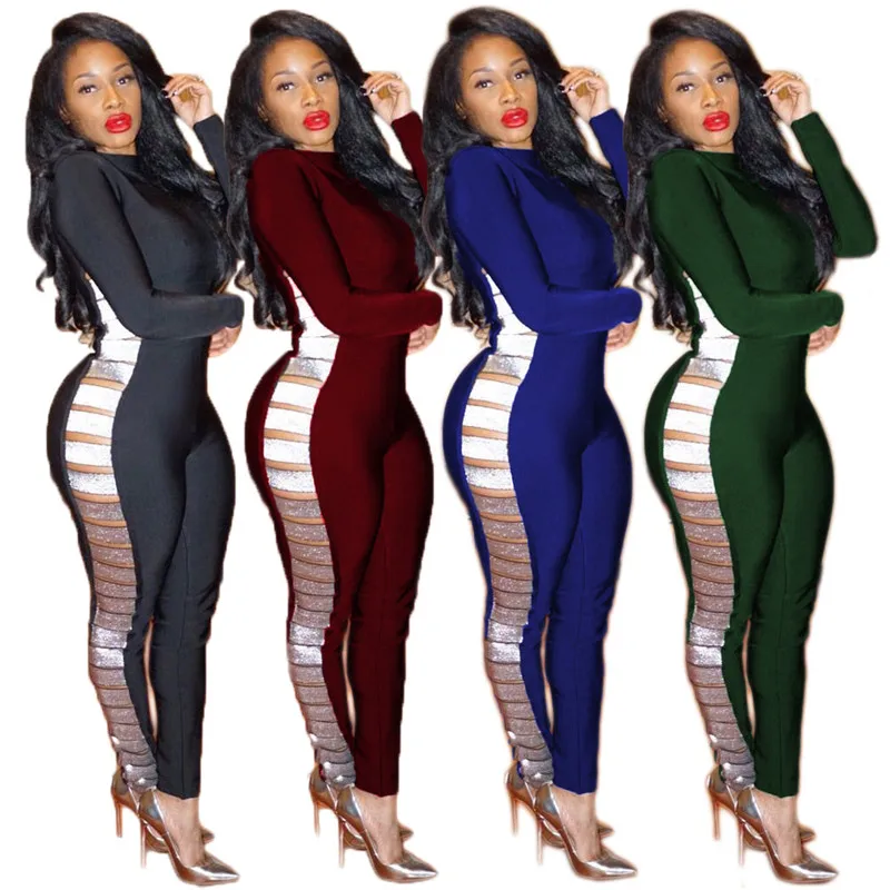 

Sexy Women Black Bodycon Jumpsuit Long Sleeve Tight Bodysuit Side Hollow Out Skinny Overalls Clubwear One Piece Jumpsuit Catsuit