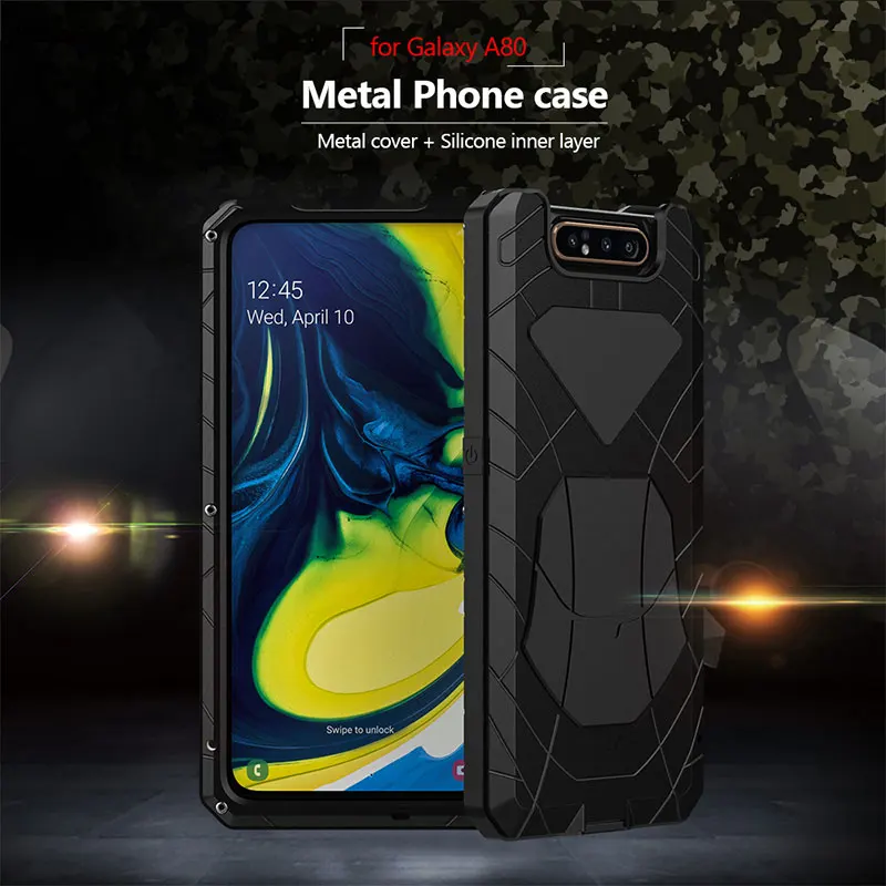 For Samsung Galaxy A80 Phone Case Hard Aluminum Metal Tempered Glass Screen Gift Protector Cover Heavy Duty Protection Cover