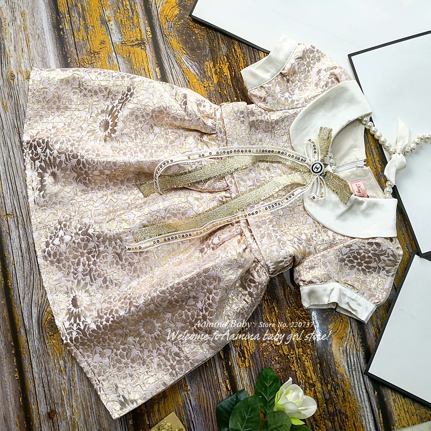 

6K49 Christmas Rose Golden Embroidery Brand Princess Baby Girl Dress Fall Party Kid Dress For Girl Wholesale Baby Girl Clothes