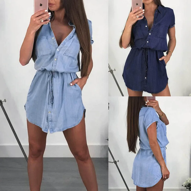

Turn-down Collar Denim Shirt Dress Women Fashion Single-breasted Short Sleeve Summer Dress Loose Casual Beach Vestidos Female