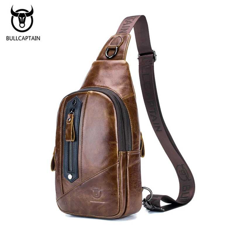 

Men's Fashion Crossbody Bag Vintage Solid Color Zipper Open Cow Leather Chest Bags Men Brown Shoulder Bags Soft Chest Packs