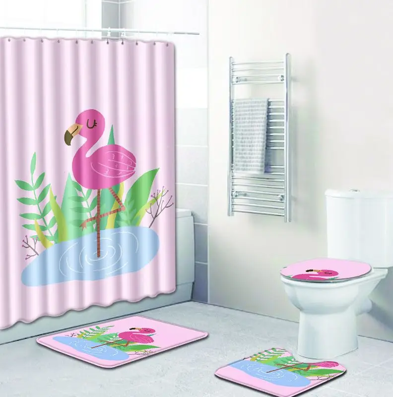4 шт. Фламинго узор Водонепроницаемый полиэстер ткань душевая занавеска в комплекте Противоскользящие коврики ковер для ванной туалет