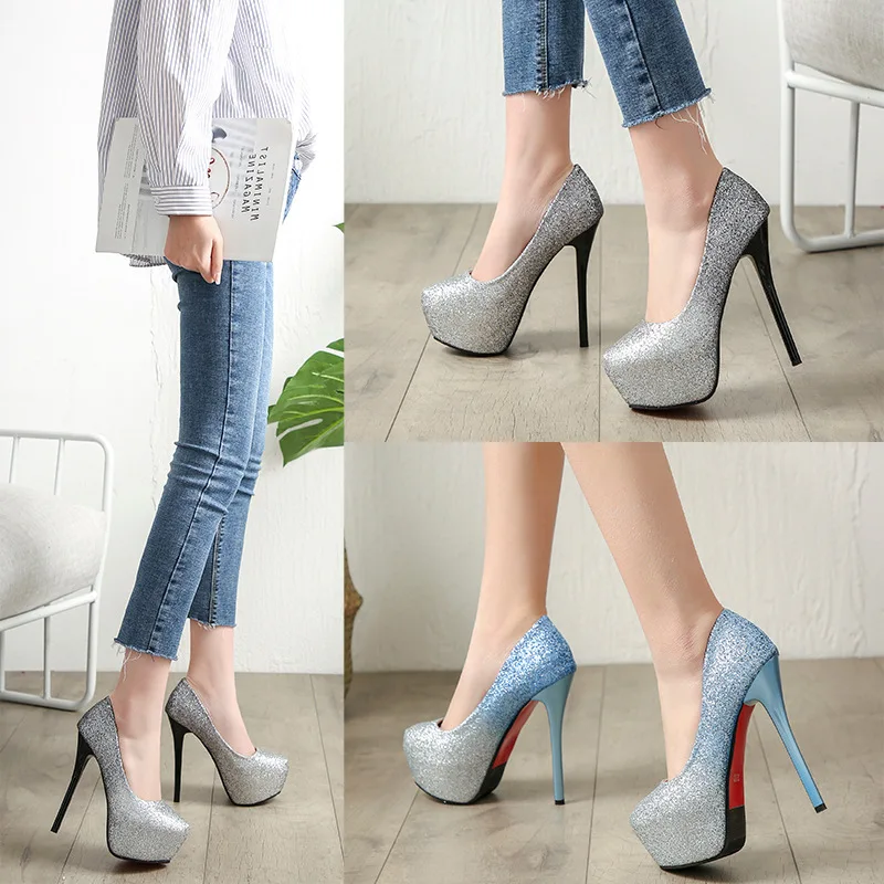 

Fashion sequins high heels Europe and America sexy gradient color matching nightclub super high heel platform single shoes