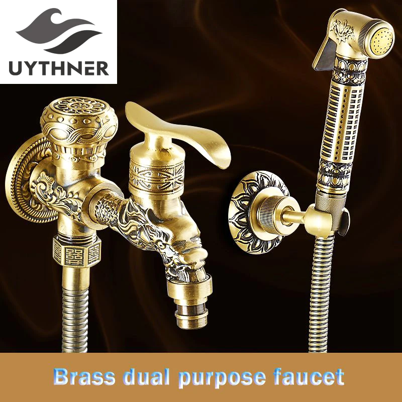 

Uythner Wall Mounted Bathroom Bathtub Faucet Carved Washing Machine Faucet with Two Water Exists+Carved Bathroom Bidet Faucet