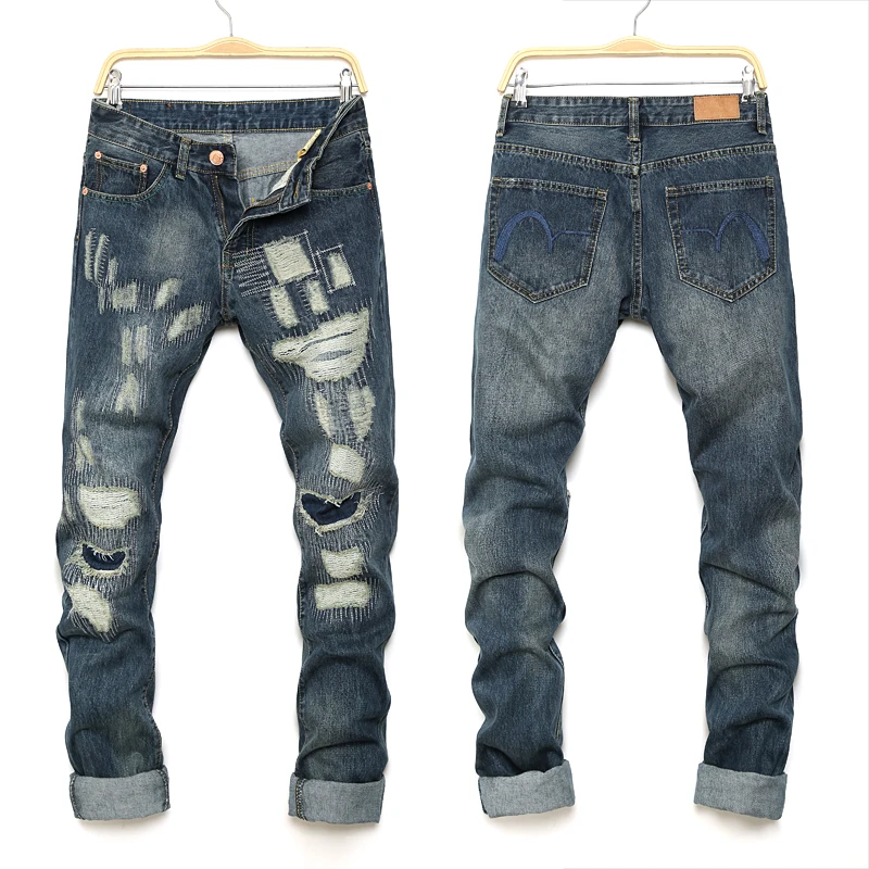 2016 Fashion Men Break Hole Jeans Patch Autumn Winter
