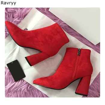 

Red Brown Suede Leather Woman Short Boots 2018 Autumn Winter Fashion Female Ankle Boots Pointed Toe Square Heel Women Shoes