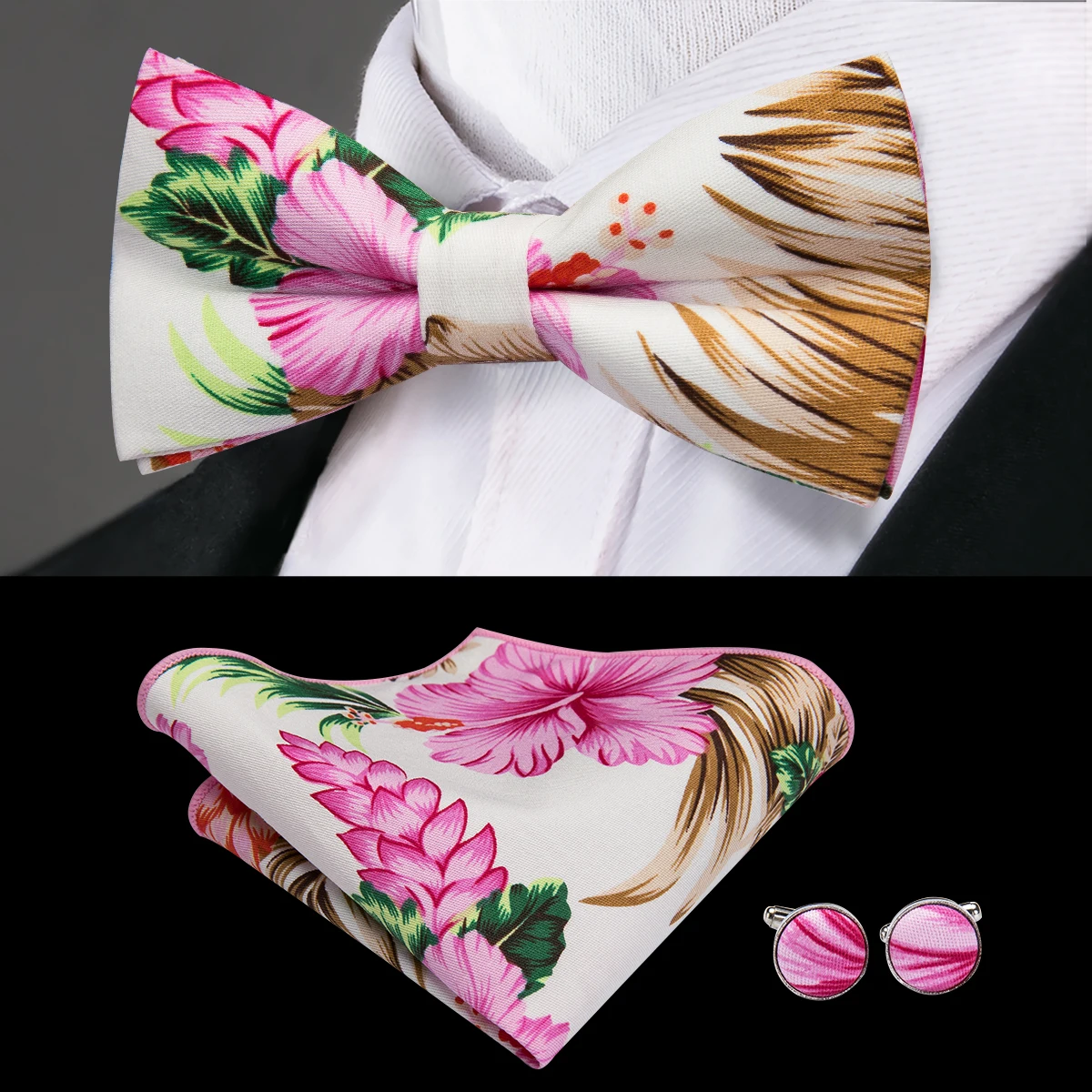 Hi-Tie Men Floral Bowtie Cotton Bow Tie Print Formal Bowtie for Suit Tuxedo Handkerchief Cufflinks Set Wedding Wholesale LH-654