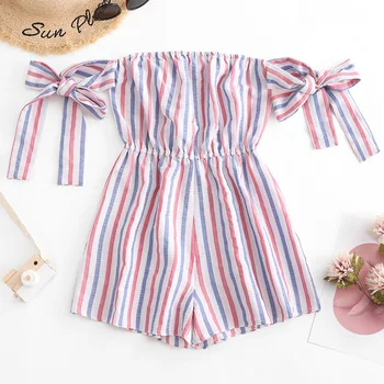 

ZAFUL Knotted Off Shoulder Stripes Romper