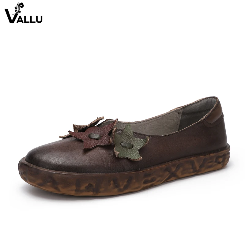 

Round Toe Leather Flat Shoes Lady 2018 Shallow Women' s Flats Retro Little Stars Design Female Casual Slip-On Shoes
