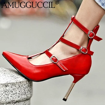 

Plus Big Size 32-48 Black Red Buckle Fashion Sexy Mid Heel Spring Females Lady Shoes Women Pumps D1249