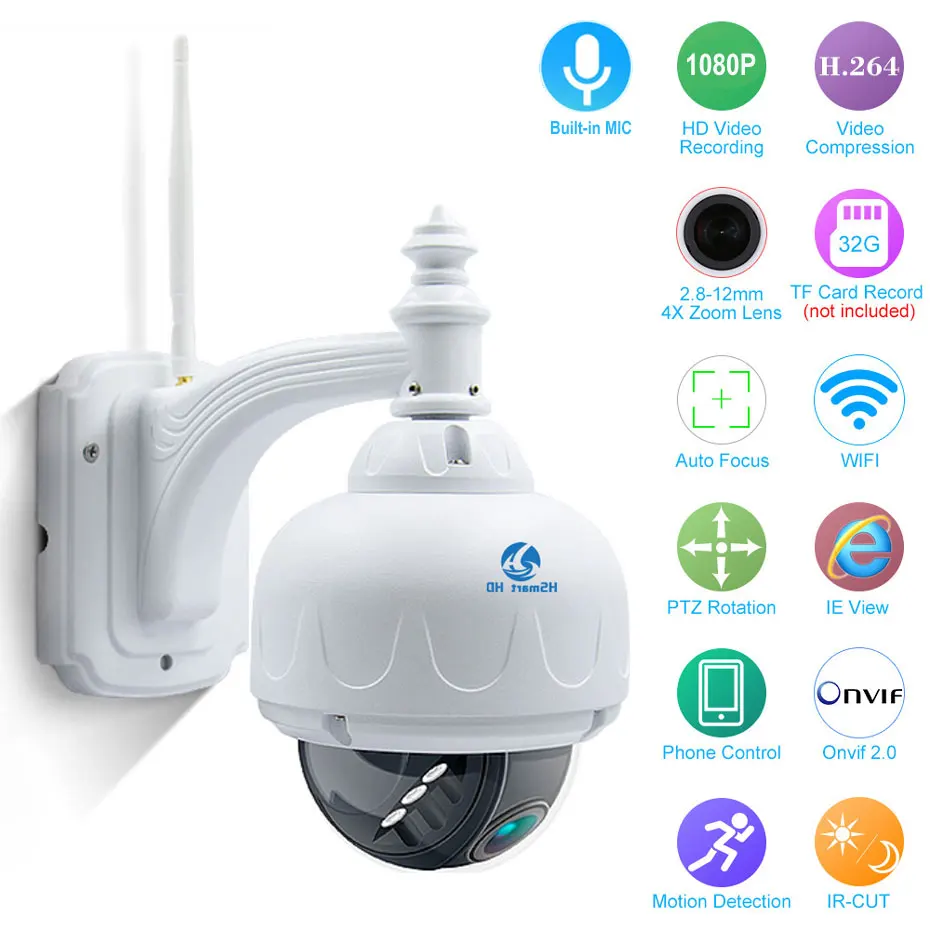 

4X Zoom 2.8-12mm Outdoor Wireless Revolving Dome PTZ IP Camera Wifi HD 1080P Audio Microphone SD Card IR Night Onvif P2P Camera