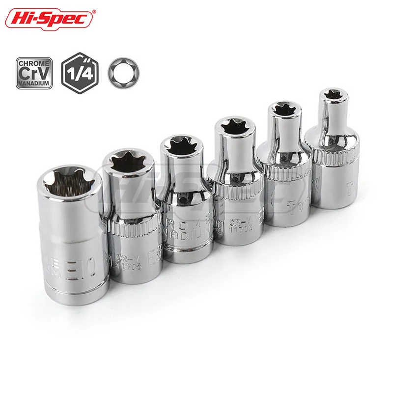 

Hi-Spec 6pc 1/4 inch Torx Socket Set Female E Socket Torx Star Bit Adapter E4 E5 E6 E7 E8 E10 Chrome Vanadium Steel ST009