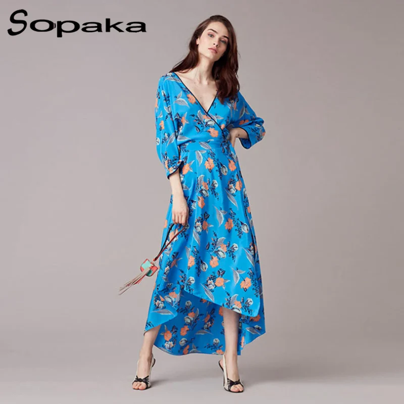 Newest 2017 Autumn Floral Print Women Dress Elegant Sexy Deep V Neck Sashes Long Sleeve Ankle
