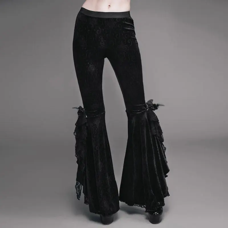 

2017 Devil Fashion Gothic Dark Embroidery Velour Skinny Pants Steampunk Nobility Women Long Trousers with Rose Lace Decorated