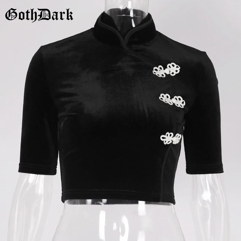 Готическая темная однотонная Эстетическая черная футболка с аппликацией для женщин, укороченная женская элегантная футболка со стоячим воротником, Готическая модная женская футболка
