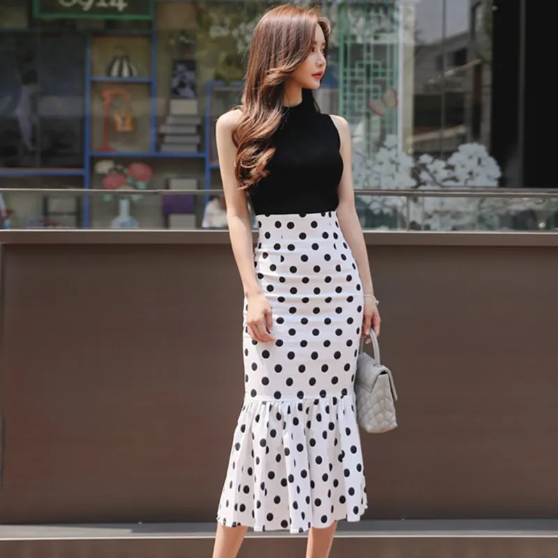 

Summer new Ruffle Two Pieces Set Fashion Polka Dot Skirt Suits Elegant Sleeveless Knitted Tank Tops and High Waist Skirts Sets