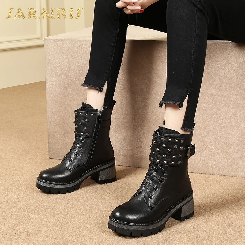 

SARAIRIS dropship plus size 43 genuine leather street style rivets square heel women Boots Shoes Boots Shoes Woman