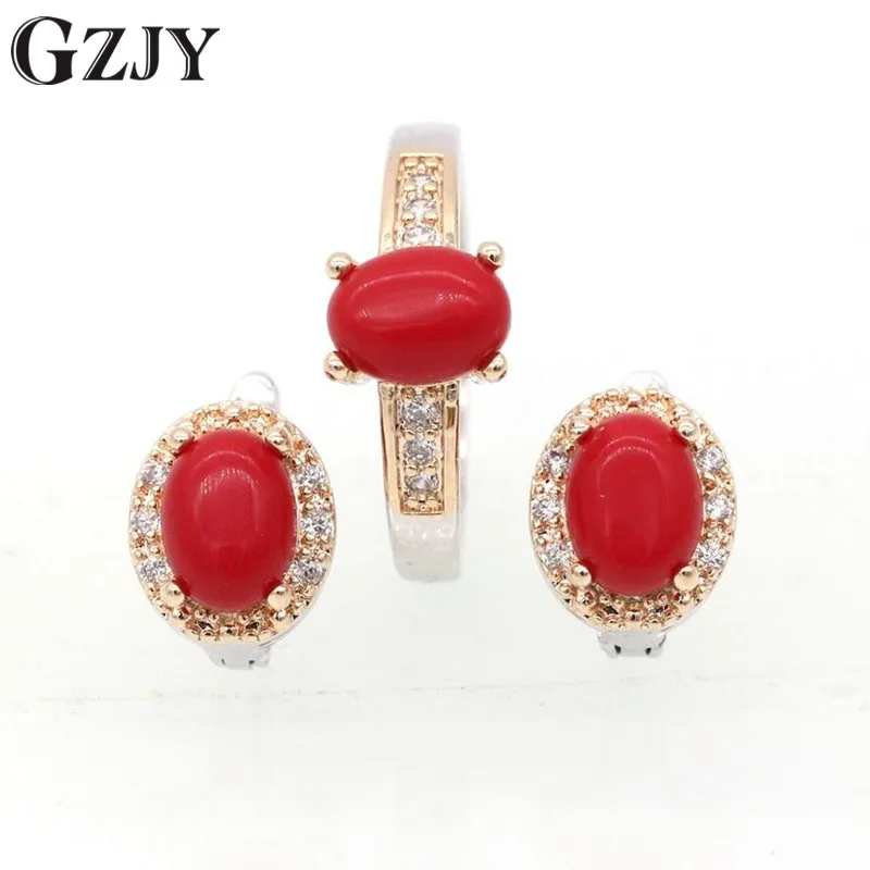 GZJY Fashion Charming Oval Red Coral AAA Zircon Double Gold Color Earrings Ring Set For Women Wedding Party Jewelry J09-1 GZJY Fashion Charming Oval Red Coral AAA Zircon Double Gold Color Earrings Ring Set For Women Wedding Party Jewelry J09-1