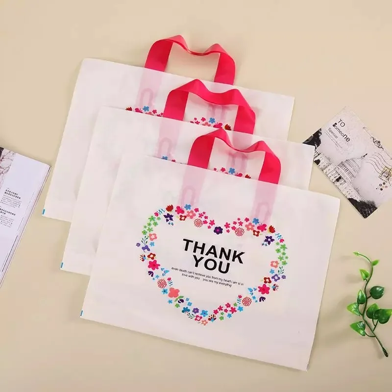Большой белый пластиковый подарочный пакет с логотипом на заказ, пластиковые пакеты и упаковка с красной ручкой, пластиковый мешок для конфет размером 45*41 см+ 9 см