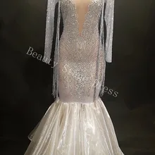 Блестящий Белый хвост Прозрачное платье со стразами женский вечерний день рождения, празднование сетчатого платья костюм танцевальный наряд