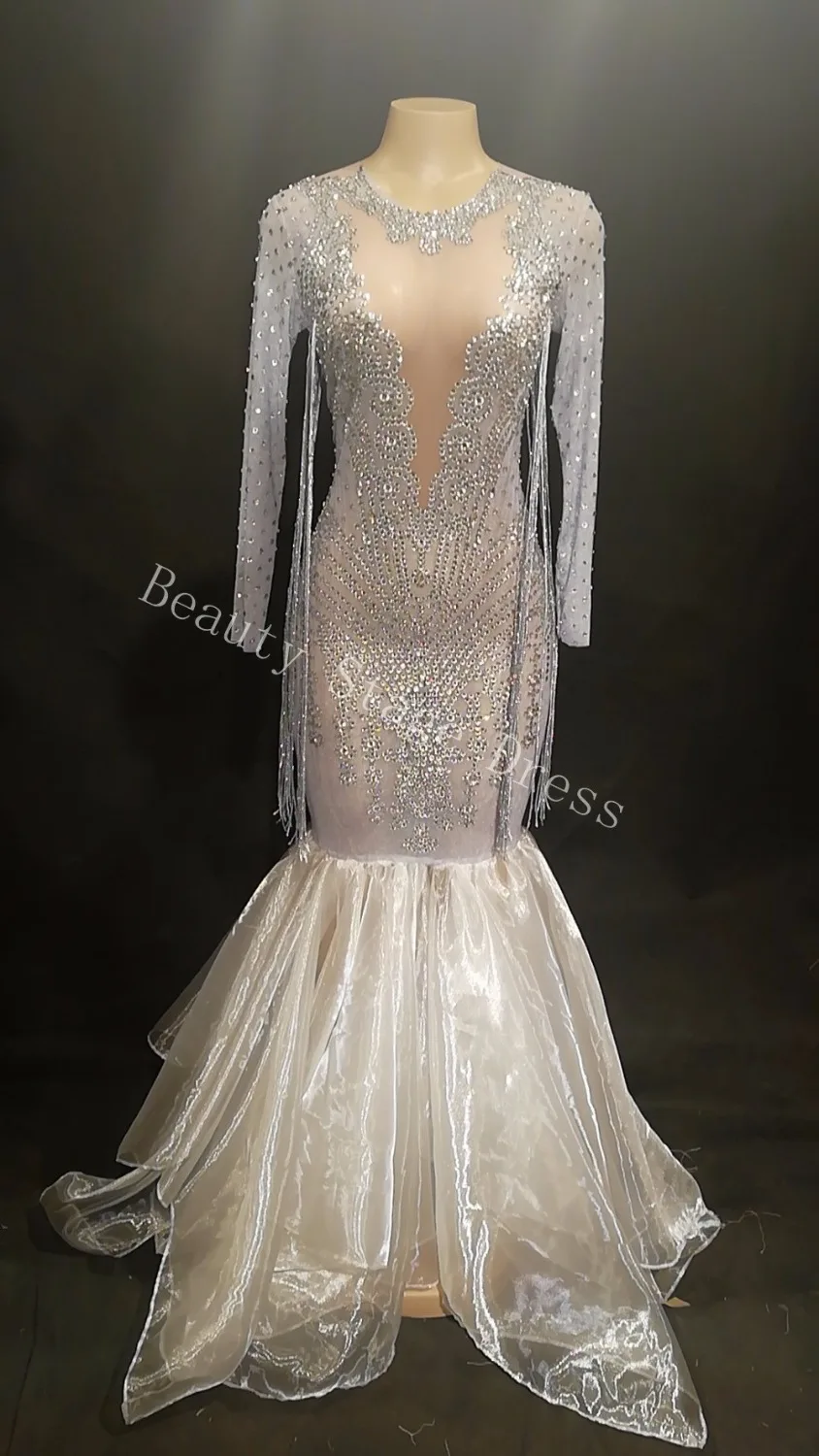 

Sparkly White Tail See Through Rhinestones Dress Women's Evening Birthday Celebrate Mesh Dress Costume Dance Outfit