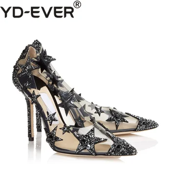 

Party Crystal Shoes Bride Light-colored Pointed Diamonds Transparent Clear Womens Shoes Black Rhinestone Stars Decoration