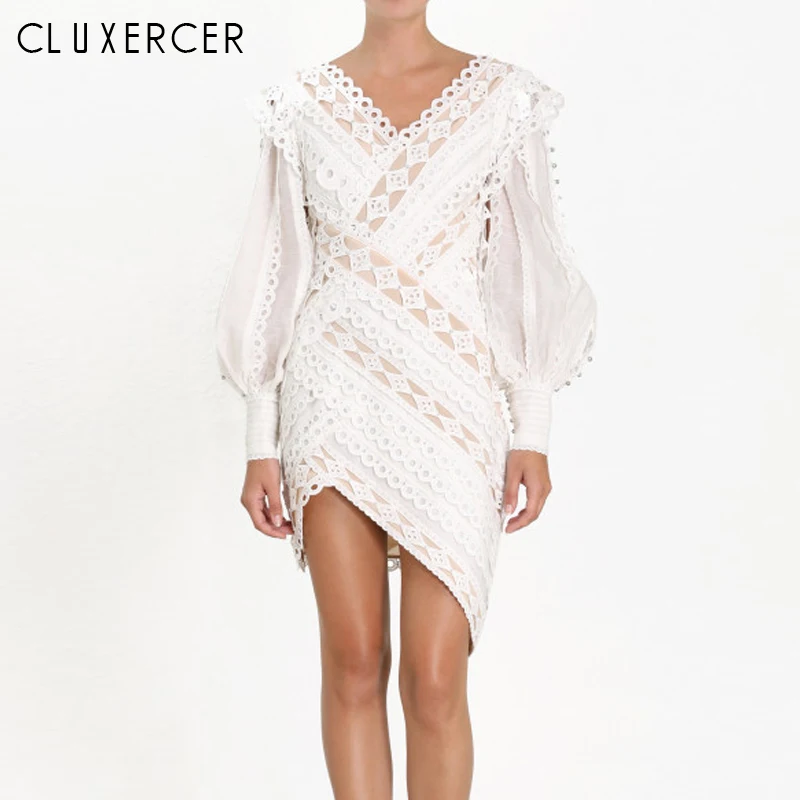

Summer dress 2019 New Sexy V Neck Hollow Out Beach Dresses Women Casual White Asymmetrical Mini Lace Dress Vestidos