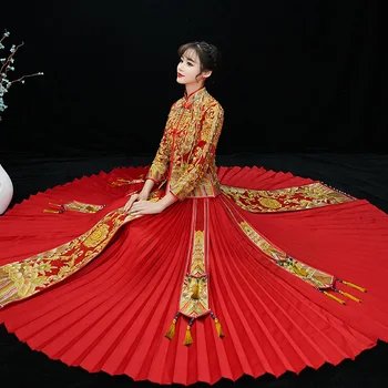 

Chinese Style Full Length Qipao Classic Women Marriage Set Gold Tassel Cheongsam Vestidos Bride Wedding Dress Hanfu Clothing