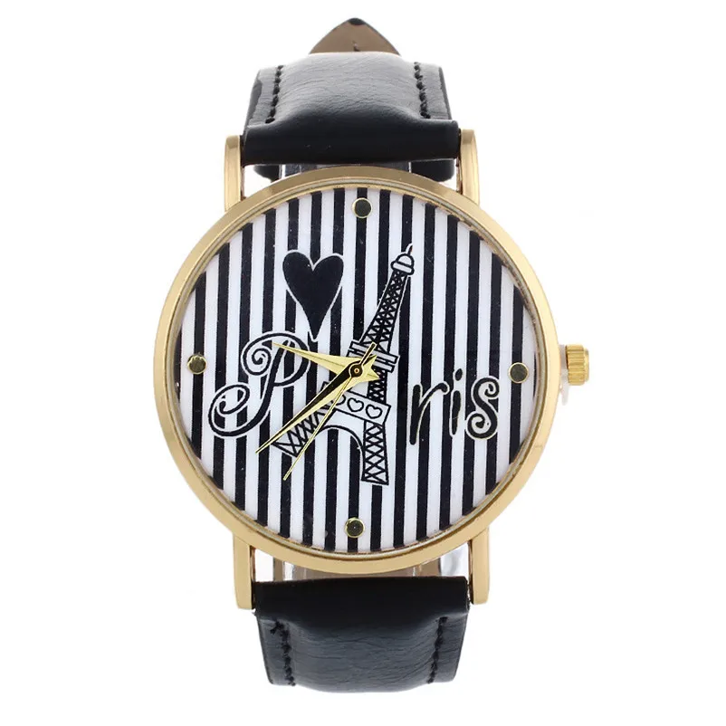 

Watch Cute Striped Paris Eiffel Tower Watch Women Girl PU Leather Quartz Analog Wrist Watches DroppShipping