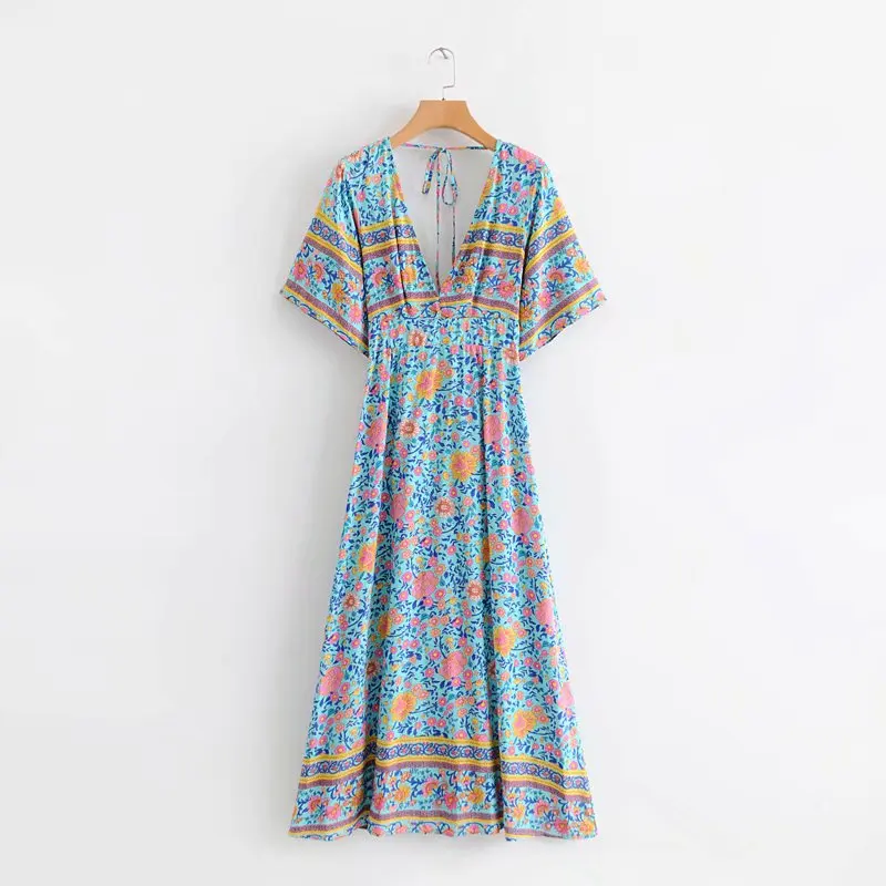 

2019 Floral print Bat Sleeve Boho Chic Summer Beach Long Dress Women Sexy V neck Backless Maxi Dresses Female vestidos#N859