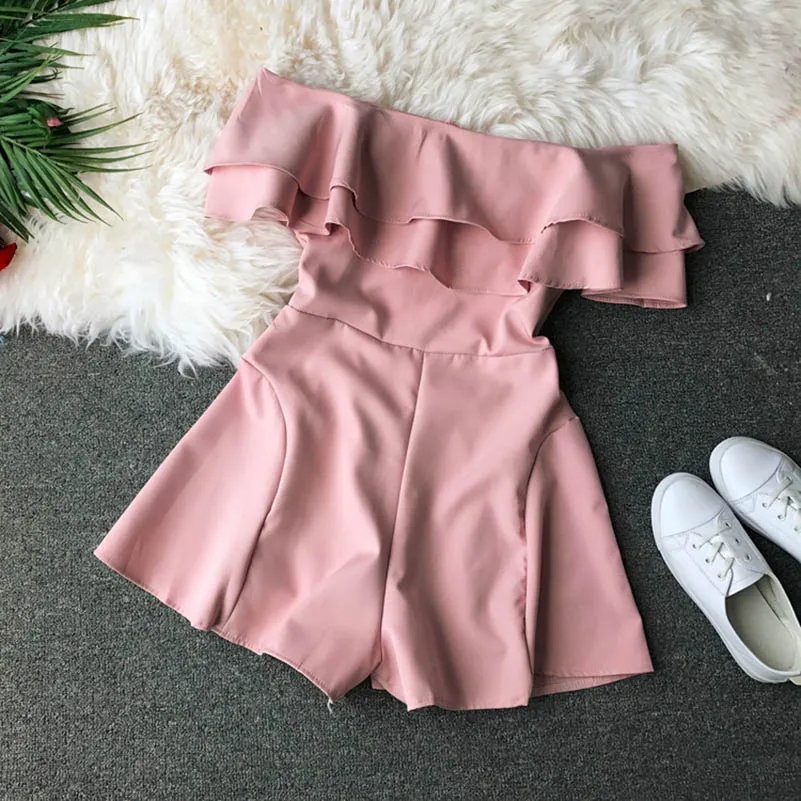 

NiceMix Candy Color Elegant Jumpsuit Women Summer 2019 Latest Style Double Ruffles Slash Neck Rompers Womens Jumpsuit Short Play