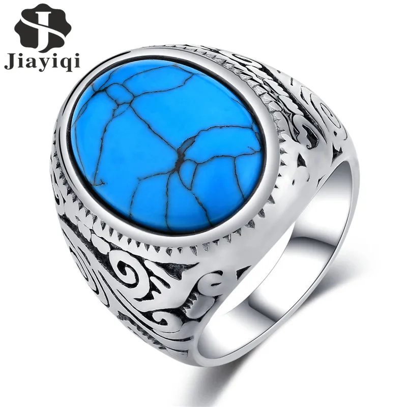 

Jiayiqi Vintage Men's Ring Blue Stone High Polished Stainless Steel Men's Jewelry Silver Color Charm Ring For Men High Quality
