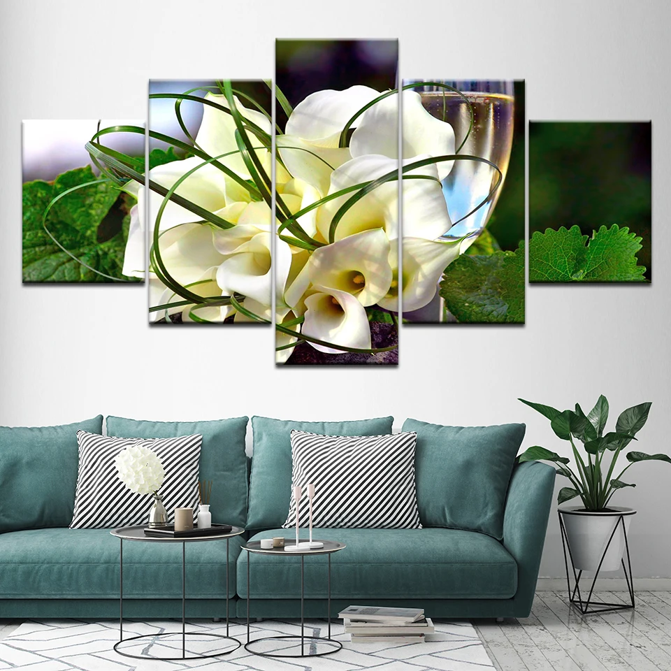 

Poster Modular Canvas Pictures Art HD Printed 5 Pieces White Flowers And Green Leaves Paintings Decoration Home Living Room Wall