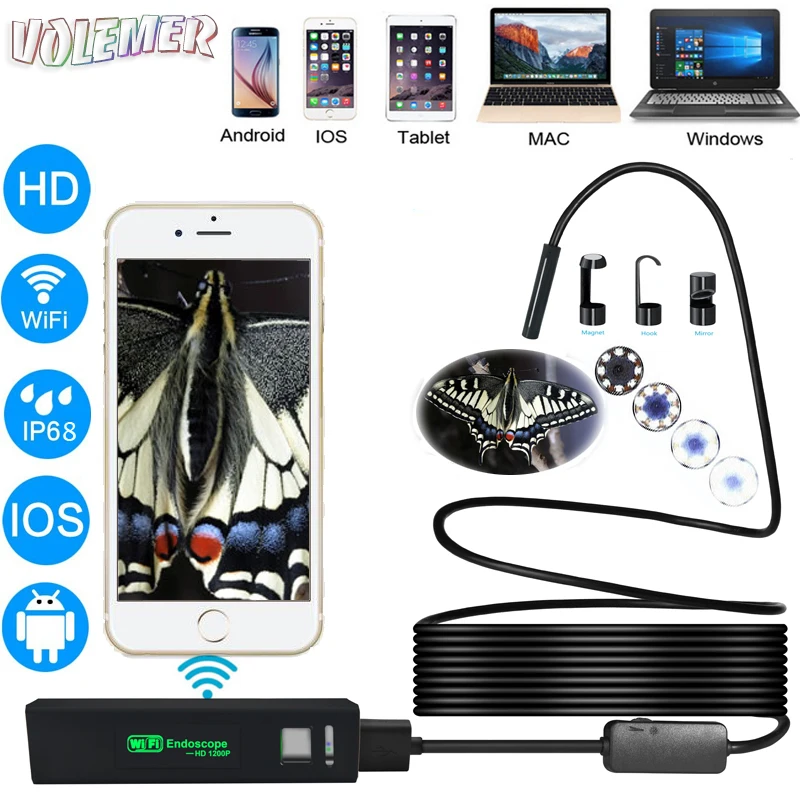 

Volemer video endoscope HD 1200P Ip68 waterproof Semi Rigid Tube Endoscope Wifi Borescope Video Inspection for Android/iOS