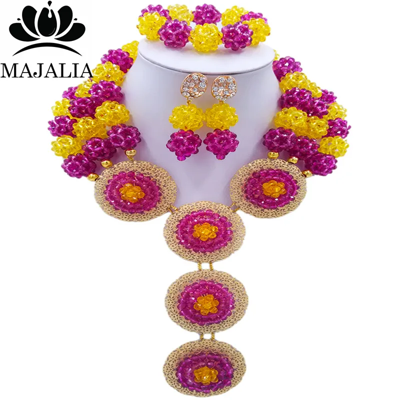 

Majalia Fashion Nigeria Wedding African Beads Jewelry Set Purple and yellow Crystal Necklace Bridal Jewelry Sets 3SP036