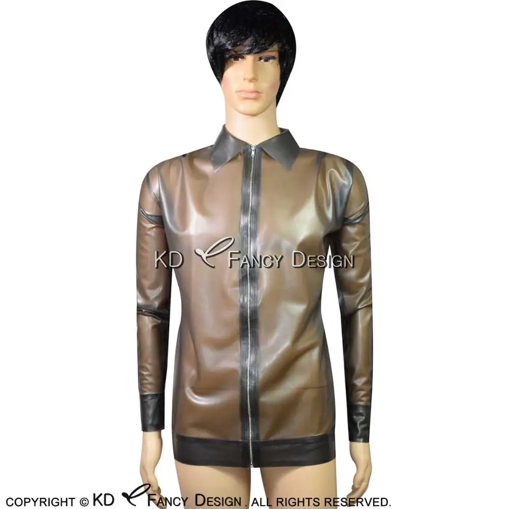 

Transparent Black Sexy Latex Jacket Zipper At Front Long Sleeves With Buttons On Cuffs High Collar Rubber Coat Top YF-0088