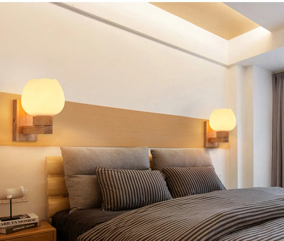 E27 Bulb LED Wall Lamps Sconce Home Hotel Bed room living Corridor Gallery Lighting Modern Nordic Wood Glass Decorative Light (2)