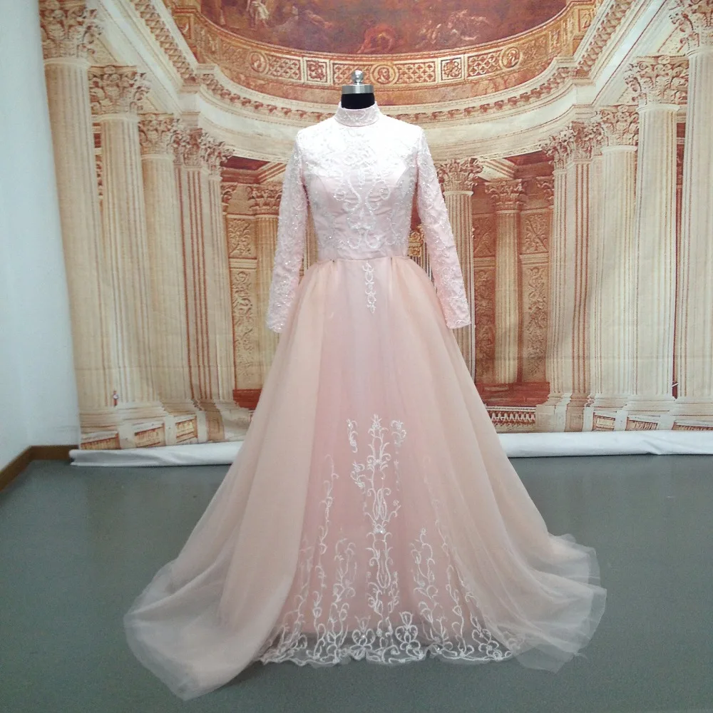 Real Picture Pink Long Sleeve Evening Dress for Muslim Arabic Turkish Women Removable Skirt font b