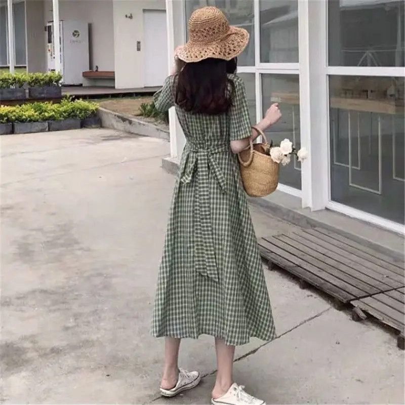 2019 Summer Women Plaid A-Line Dress Female Classic V-Neck Short Sleeve Long Dress OL Work Vintage Elegant High Waist Dress M178 2019 Summer Women Plaid A-Line Dress Female Classic V-Neck Short Sleeve Long Dress OL Work Vintage Elegant High Waist Dress M178