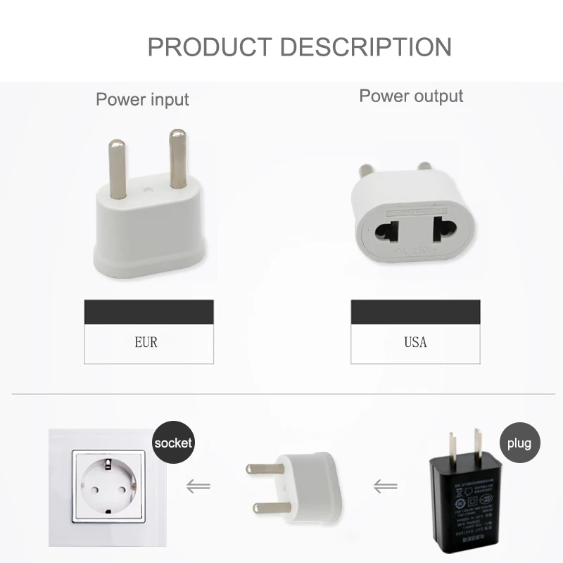1 шт. 4,8 мм штепсельная вилка стандарта США в Европу для путешествий, штепсельная вилка переменного тока, зарядное устройство, розетка, адаптер, конвертер, 2 круглых штырька, электрическая розетка