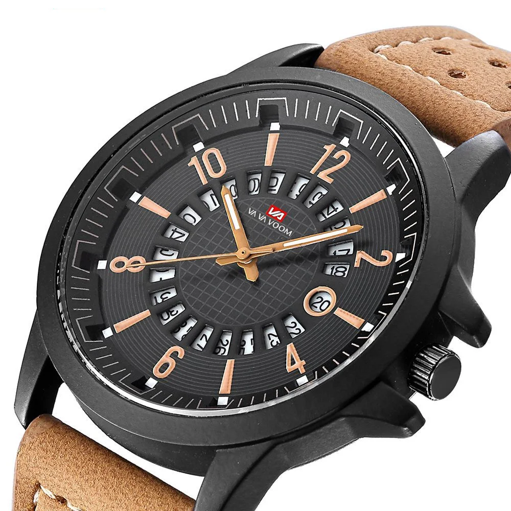 

VAVA VOOM Mens Watches Top Luxury Brand Waterproof Sport Wrist Watch Man Quartz Military Genuine Leather Relogio Masculino