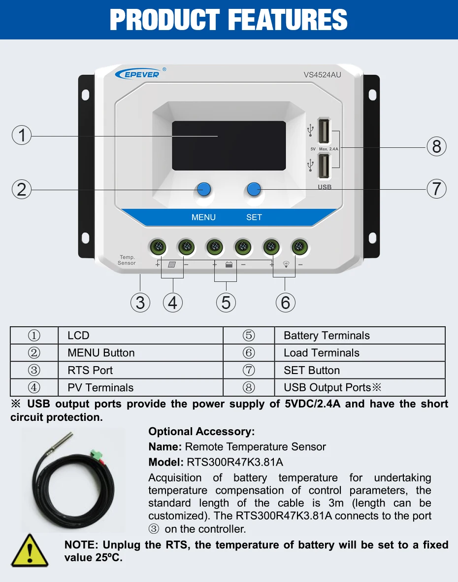 EPEVER 45A Solar Controller 12V 24V Auto VS4524AU PWM Charge Controller with Built in LCD Display and Double USB 5V Port_03