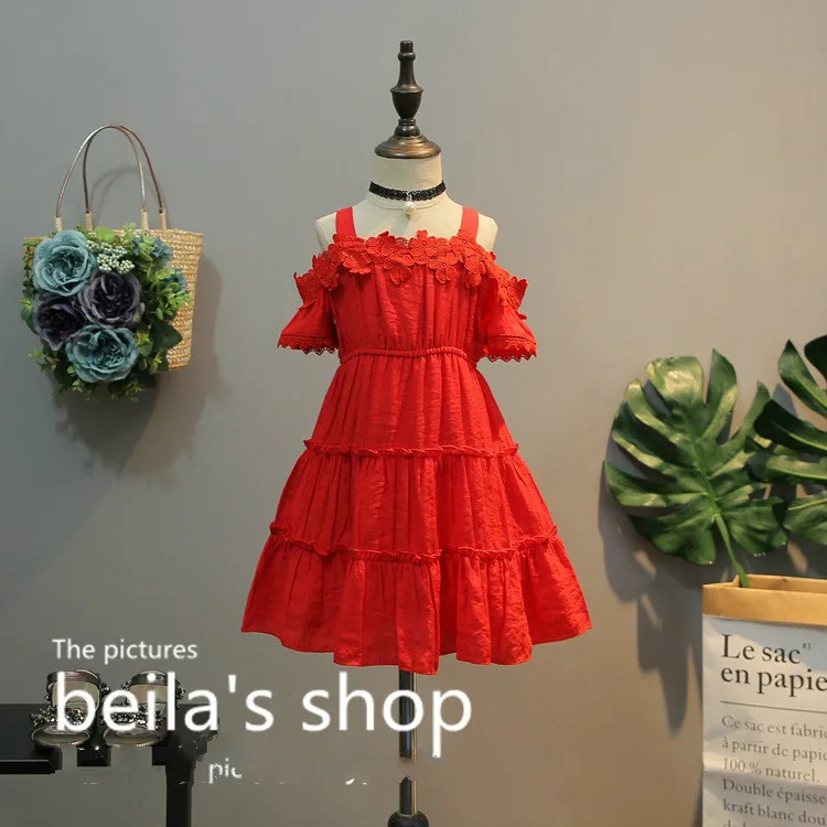 

2018 new sweet summer vacation wind strapless dress girls petal pink lace princess dress