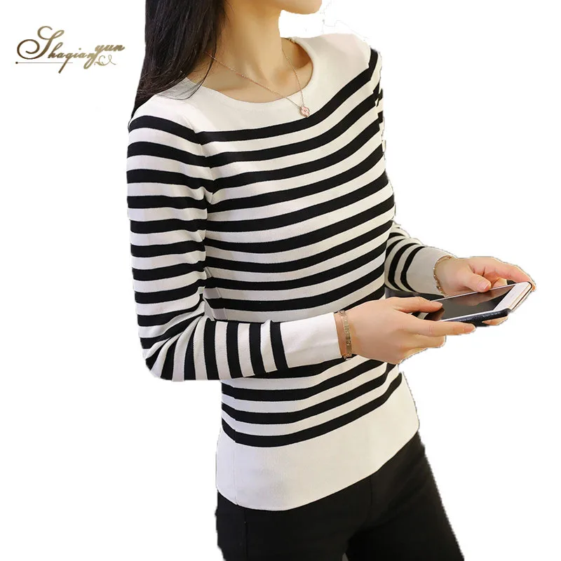 Autumn Winter New Women Knit Sweater Loose Woolen Long Sleeve Striped Round Pullover Spring Female Warm Sweaters Knitwear Tops | Женская