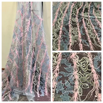 

New Design Nigerian Mesh Lace Fabric With Beautiful beads and feather Net Lace Fabric For Wedding clothes HX827-1